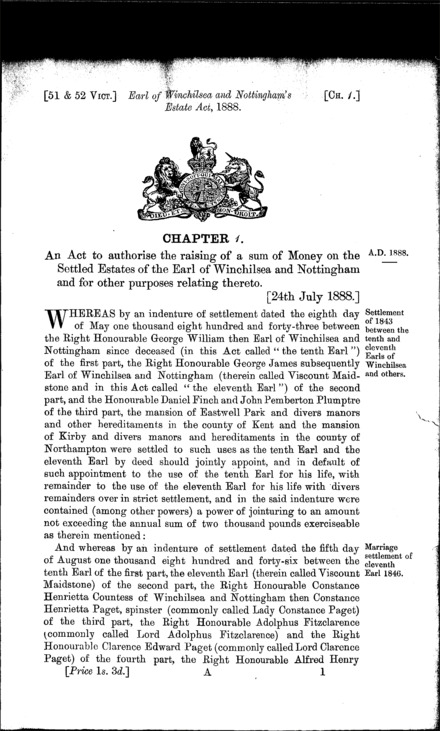 Earl of Winchilsea and Nottingham's Estate Act 1888