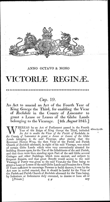 Rochdale glebe lands: amending an Act of 1764 [c. 28] (enabling vicar to grant leases) Act 1845