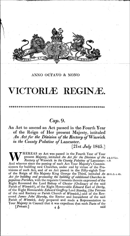 Amending Winwick (Lancashire) parish division, 1841 [c. 9] Act 1845