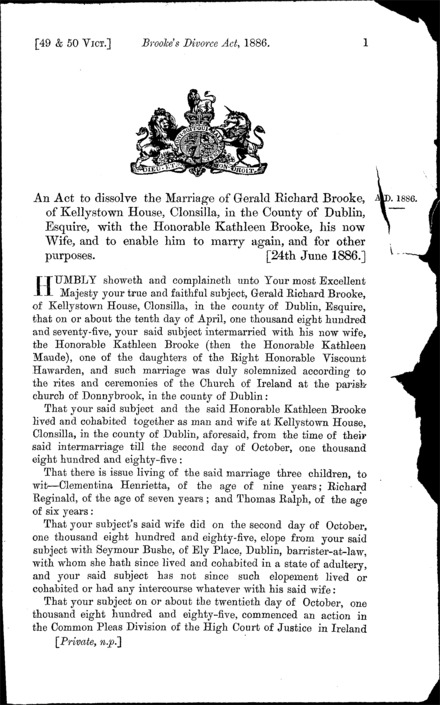 Gerald Brooke's divorce from the Honourable Kathleen Brooke, and other provisions [Ireland] Act 1886