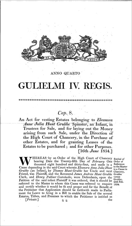 Eleanora Grubbe's (an infant) estate: vesting in trustees for sale, purchase of other estates under the direction of the Court of Chancery, granting leases of the estates to be purchased and other provisions Act 1834