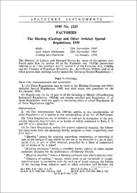 The Blasting (Castings and Other Articles) Special Regulations, 1949