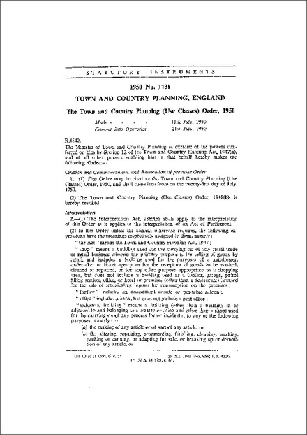 The Town and Country Planning (Use Classes) Order, 1950
