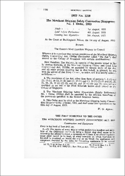 The Merchant Shipping Safety Convention (Singapore) No.1 Order,1953
