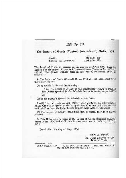 The Import of Goods (Control) (Amendment) Order,1954
