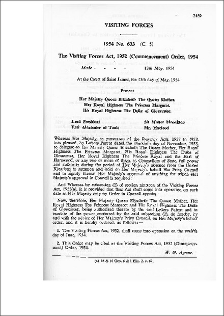 The Visiting Forces Act,1952 (Commencement) Order,1954
