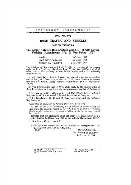 The Motor Vehicles (Construction and Use) (Track Laying Vehicles) (Amendment) (No.2) Regulations 1957