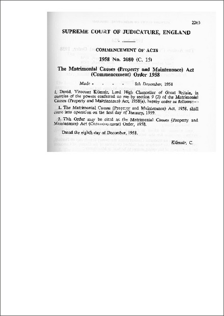 The Matrimonial Causes (Property and Maintenance) Act (Commencement) Order 1958