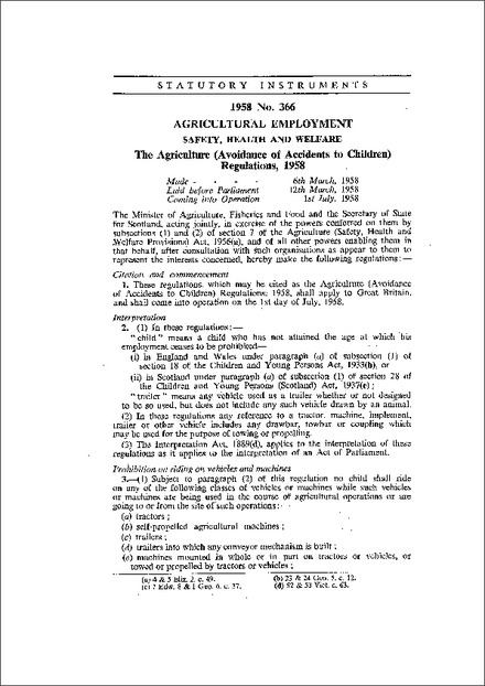 The Agriculture (Avoidance of Accidents to Children ) Regulations 1958