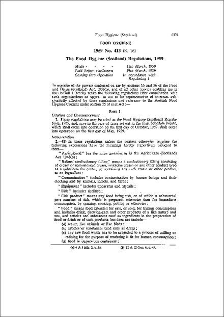 The Food Hygiene (Scotland) Regulations, 1959