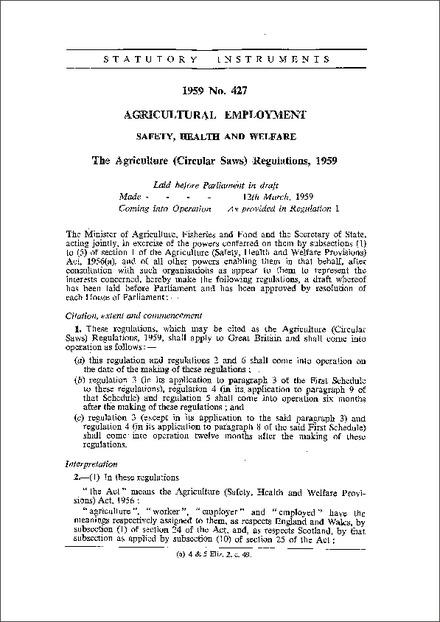 The Agriculture (Circular Saws) Regulations, 1959