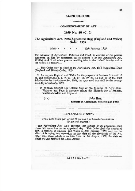 The Agriculture Act, 1958 (Appointed Day) (England and Wales) Order, 1959
