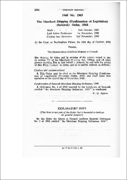 The Merchant Shipping (Confirmation of Legislation) (Sarawak) Order,1960