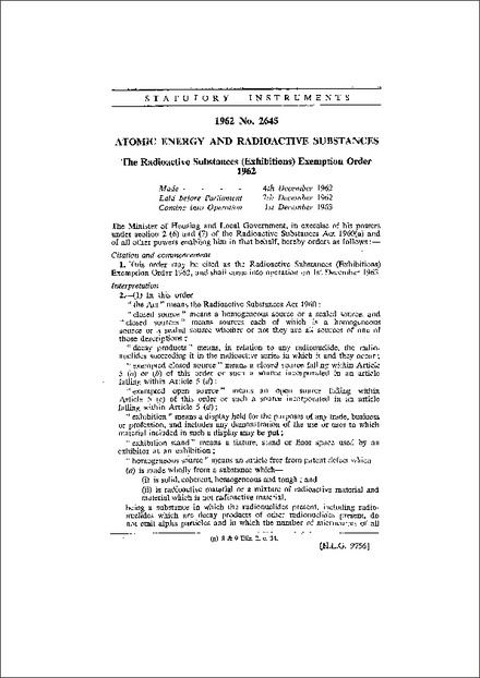 The Radioactive Substances (Exhibitions) Exemption Order 1962