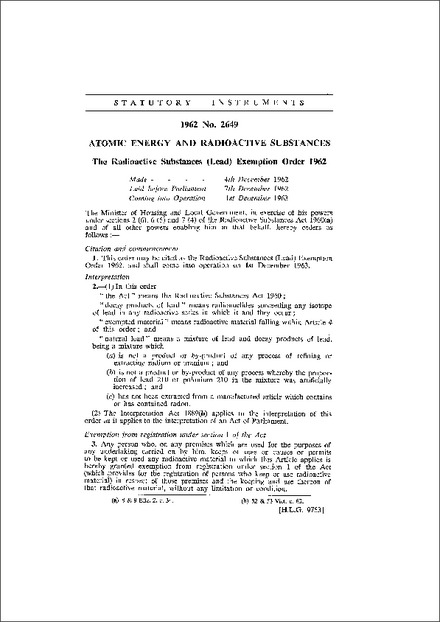 The Radioactive Substances (Lead) Exemption Order 1962