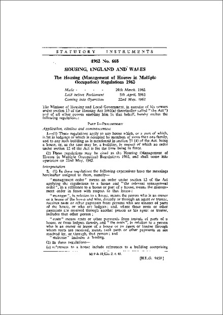The Housing (Management of Houses in Multiple Occupation) Regulations 1962