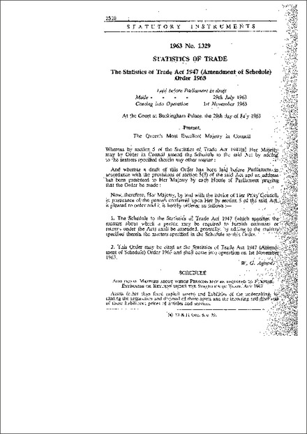 The Statistics of Trade Act 1947 (Amendment of Schedule) Order 1963
