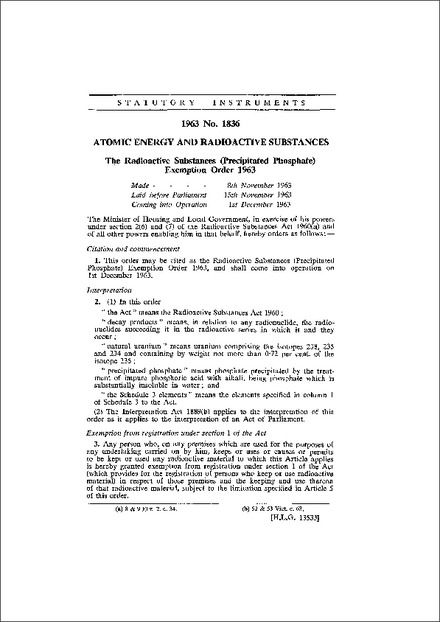The Radioactive Substances (Precipitated Phosphate) Exemption Order 1963