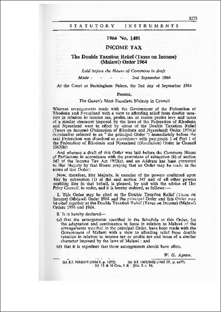 The Double Taxation Relief (Taxes on Income) (Malawi) Order 1964