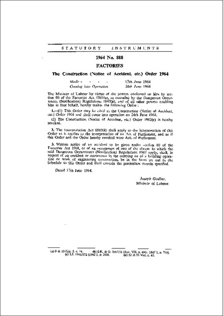 The Construction (Notice of Accident, etc.) Order 1964