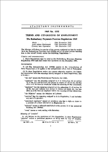 The Redundancy Payments Pensions Regulations 1965