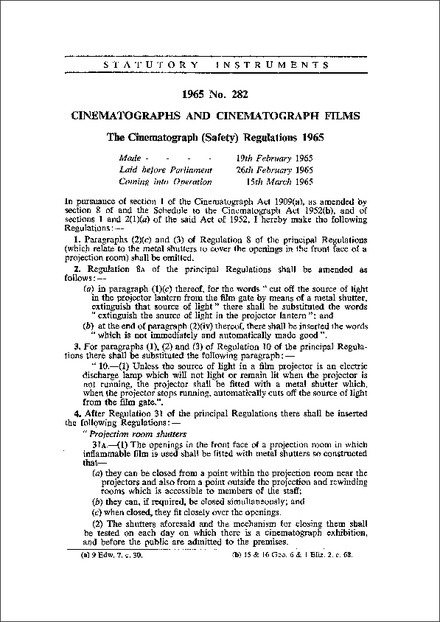 The Cinematograph (Safety) Regulations 1965
