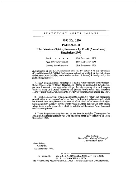 The Petroleum-Spirit (Conveyance by Road) (Amendment) Regulations 1966