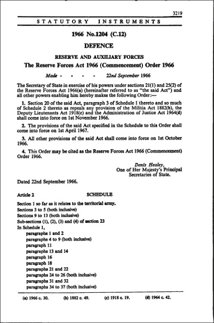The Reserve Forces Act 1966 (Commencement) Order 1966