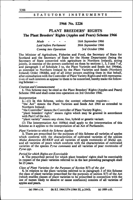 The Plant Breeders' Rights (Apples and Pears) Scheme 1966