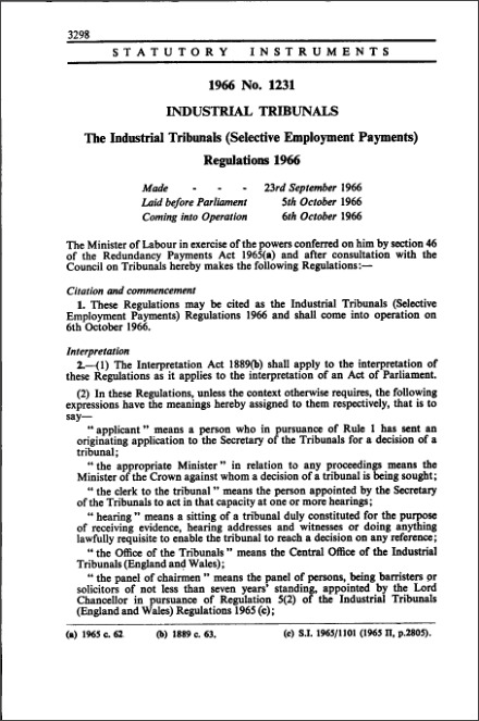 The Industrial Tribunals (Selective Employment Payments) Regulations 1966