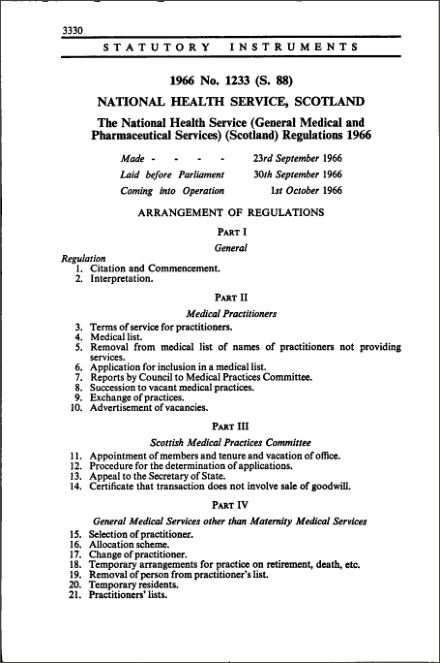 The National Health Service (General Medical and Pharmaceutical Services) (Scotland) Regulations 1966