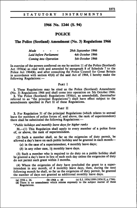 The Police (Scotland) Amendment (No. 3) Regulations 1966