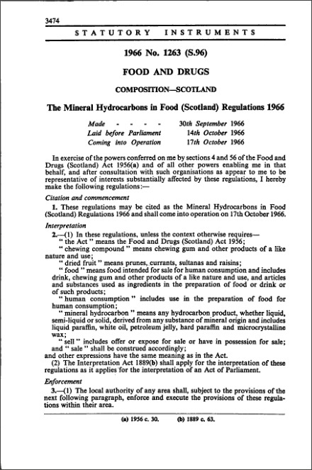 The Mineral Hydrocarbons in Food (Scotland) Regulations 1966