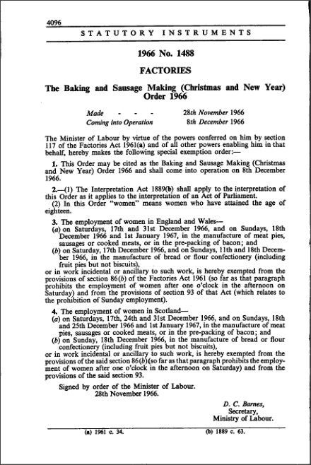 The Baking and Sausage Making (Christmas and New Year) Order 1966