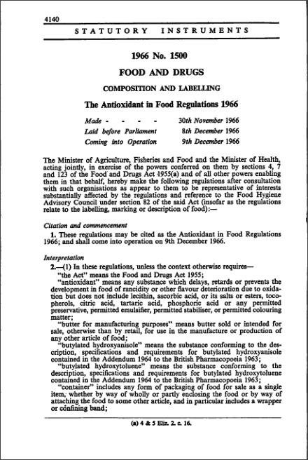 The Antioxidant in Food Regulations 1966