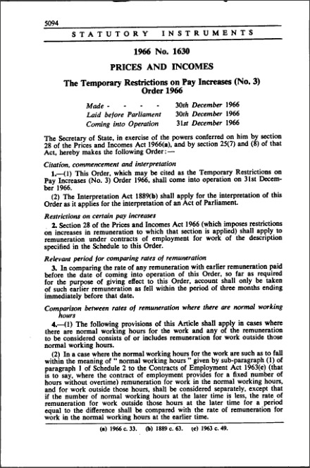 The Temporary Restrictions on Pay Increases (No. 3) Order 1966