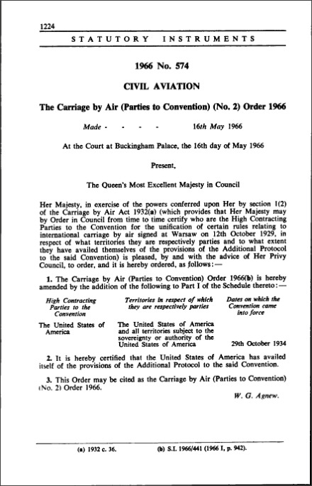 The Carriage by Air (Parties to Convention) (No. 2) Order 1966