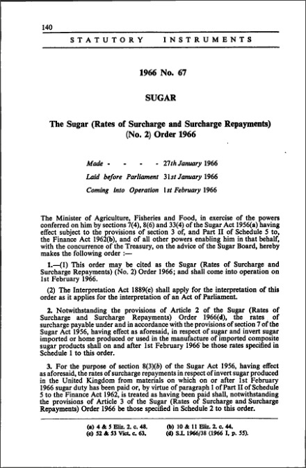 The Sugar (Rates of Surcharge and Surcharge Repayments) (No. 2) Order 1966