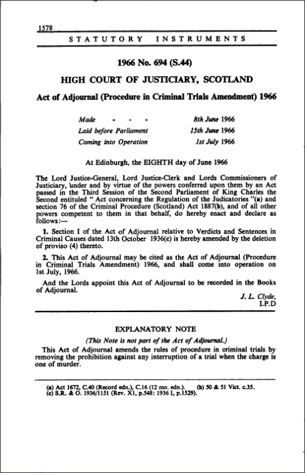 Act of Adjournal (Procedure in Criminal Trials Amendment) 1966