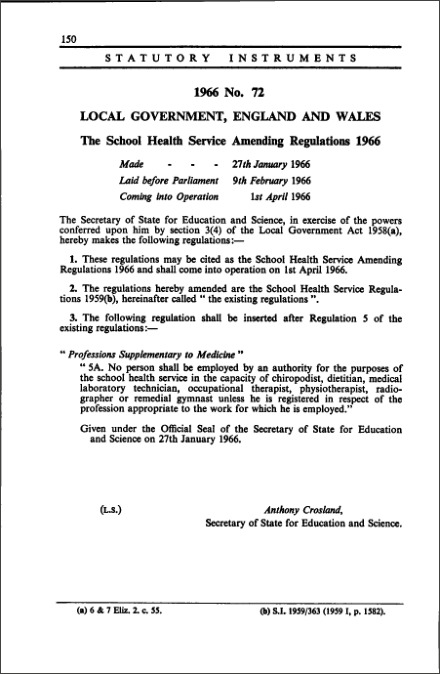 The School Health Service Amending Regulations 1966