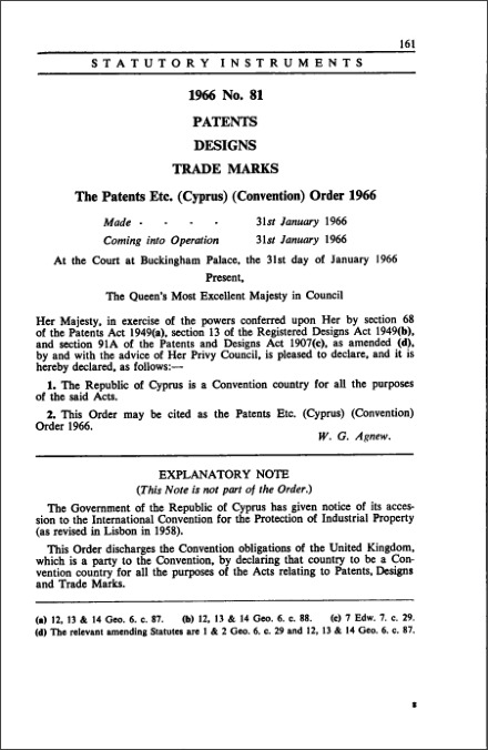 The Patents etc. (Cyprus) (Convention) Order 1966