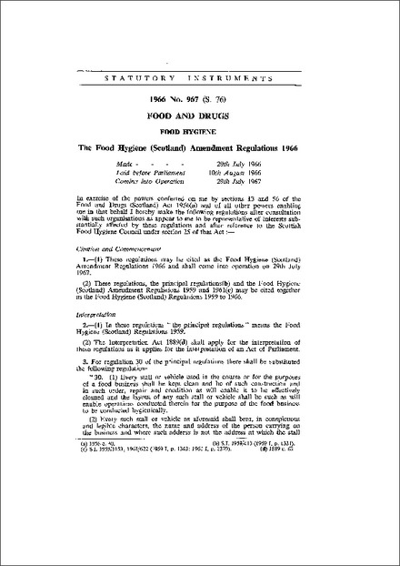The Food Hygiene (Scotland) Amendment Regulations 1966