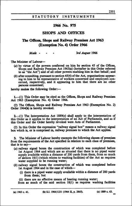 The Office, Shops and Railway Premises Act 1963 (Exemption No. 4) Order 1966