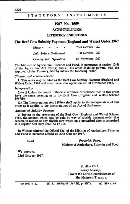 The Beef Cow Subsidy Payment (England and Wales) Order 1967