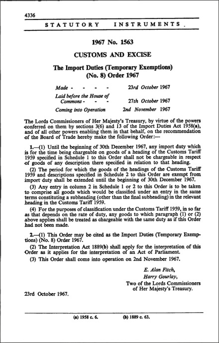 The Import Duties (Temporary Exemptions) (No. 8) Order 1967