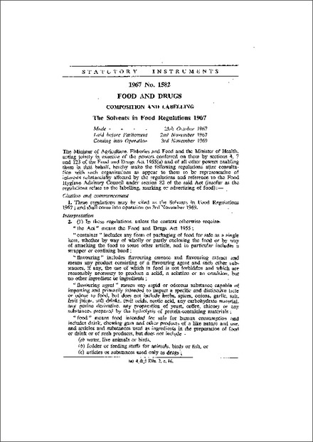 The Solvents in Food Regulations 1967