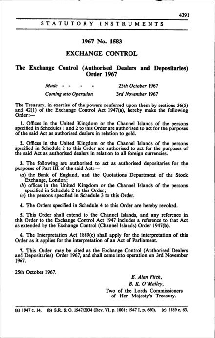 The Exchange Control (Authorised Dealers and Depositaries) Order 1967