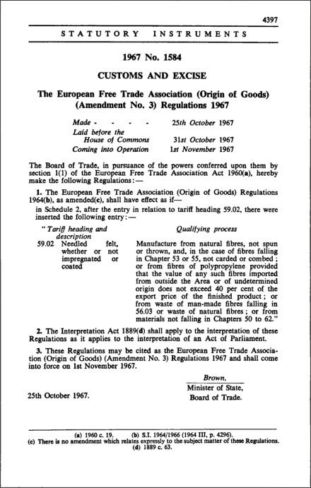 The European Free Trade Association (Origin of Goods) (Amendment No. 3) Regulations 1967