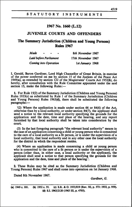 The Summary Jurisdiction (Children and Young Persons) Rules 1967