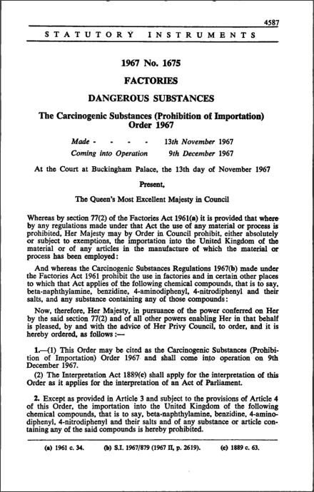 The Carcinogenic Substances (Prohibition of Importation) Order 1967